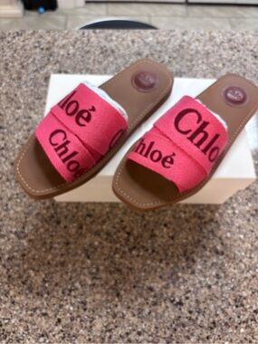 Chloé Pink Logo Slide Sandals with Brown Footbed